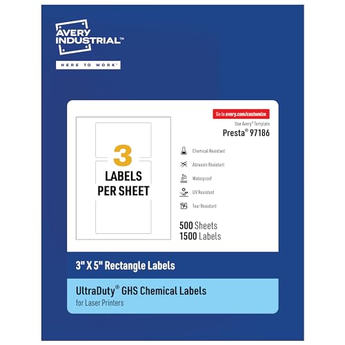 Avery® UltraDuty® GHS Labels, Waterproof, 3 X 5" White Rectangle Labels , 1500 Total, Use with Laser Printers - size: 3" X 5", style: 6,000 labels