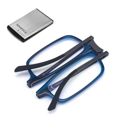 Missfive Premium Folding Reading Glasses Blue Light Blocking for Men Women, Ultra Thin Foldable Portable Travel Readers with Durable Pocket Metal Case, Compact Eyewear 1.5x - color: Navy Blue & Metal Glasses Case
