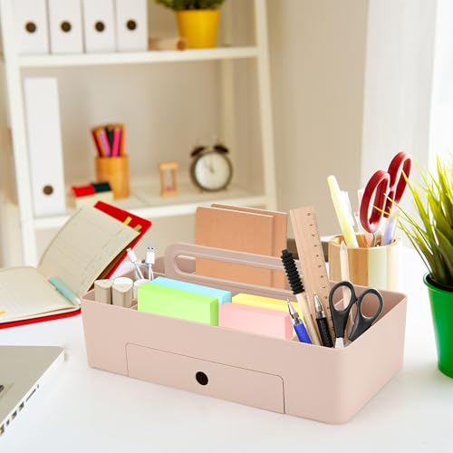 Multipurpose Caddy Organizer with Handle -8 Compartments and 1 small drawer - Art Craft Supplies, Office, Desk, Stationery Pen Holder, Makeup, Bathroom, Shower, Cleaning, Dorm Organizer - Pink