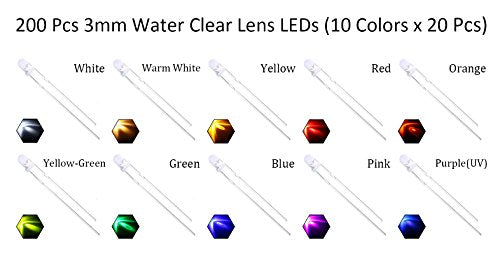 200pcs 10 Colors x 20pcs 3mm LED Light Emitting Diode Assorted Kit 29mm Lead Clear Round Lamp White Red Blue Green Yellow UV Bright LEDs Bulb +300pcs Resistors for DC 6-12V Lights - color: [02] 10 Colors X 20 Pcs / 200pcs, style: [A] 3mm Constant Light