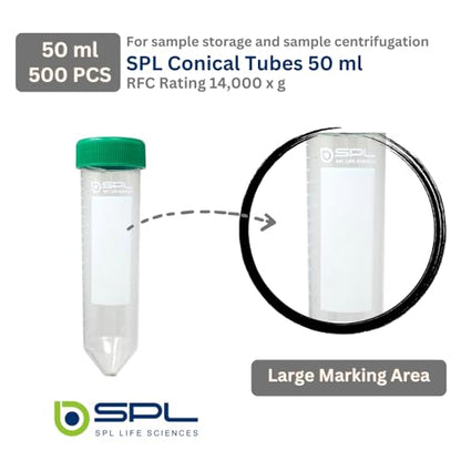 SPL 50ml Conical Centrifuge Tube Polypropylene Screw Cap, Sterile Non - pyrogenic, Non - cytotoxic, DNase/RNase - Free, Resealable Bags (500 Tubes) - size: 500 Tubes