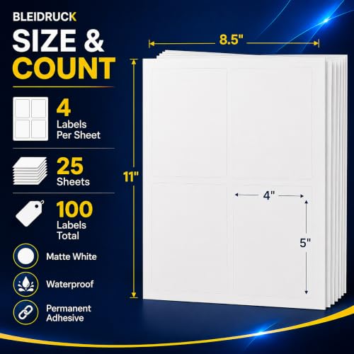 25 Sheets 4" x 5" Matte White Printable Waterproof Vinyl Rectangle Labels - size: 4up- 25 sheets