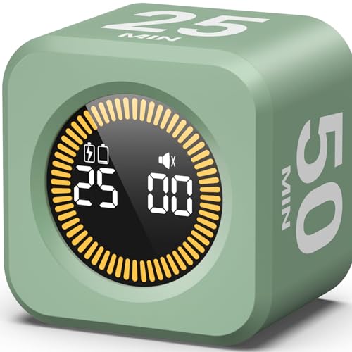 KADAMS Pomodoro Timer – Visual Timer Cube, LED Countdown Ring & Count Up Mode, Silent Flip Productivity Timer for Study, Classroom, Office, Cooking (Green 5-10-25-50 min) - color: Green 5-10-25-50 Min