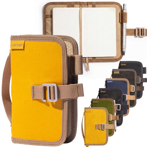 LOCHBY® Mini Field Journal | Water Resistant Waxed Canvas | Pen Loop | Included Tomoe River Notebook | Perfect for Travel, Art, Bullet Journal - color: Mustard, size: Pocket-size Hook