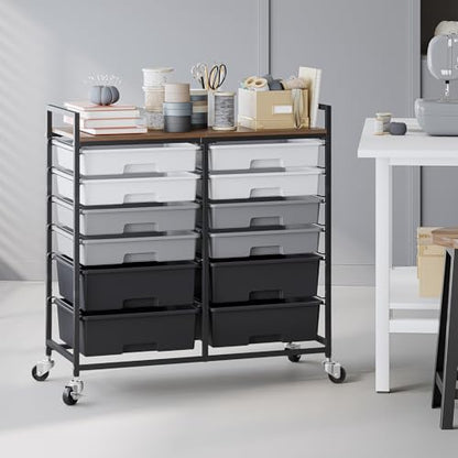 TOOLF 12 Drawers Rolling Storage Cart with Wooden Top for Classroom,Grey - color: Grey