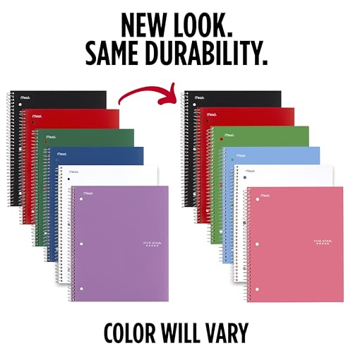 Five Star Spiral Notebook + Study App, 1 Subject, College Ruled Paper, 8.5" x 11", 100 Sheets, Assorted Colors, 6 Pack (38052)