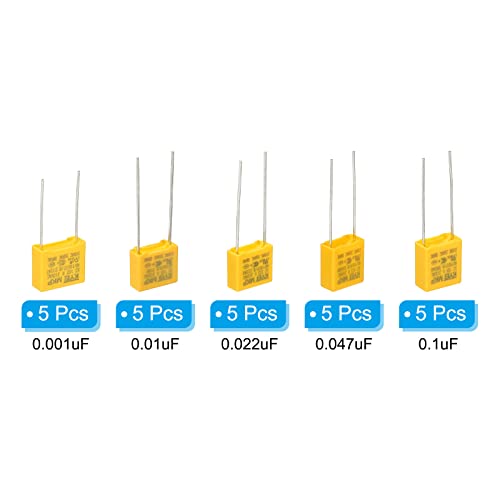 PATIKIL Safety Capacitors, 1 Set/25 Pcs 0.001/0.01/0.022/0.047/0.1uF AC 310V 5 Values Polypropylene Film Capacitor Assortment Kit