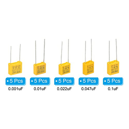 PATIKIL Safety Capacitors, 1 Set/25 Pcs 0.001/0.01/0.022/0.047/0.1uF AC 310V 5 Values Polypropylene Film Capacitor Assortment Kit