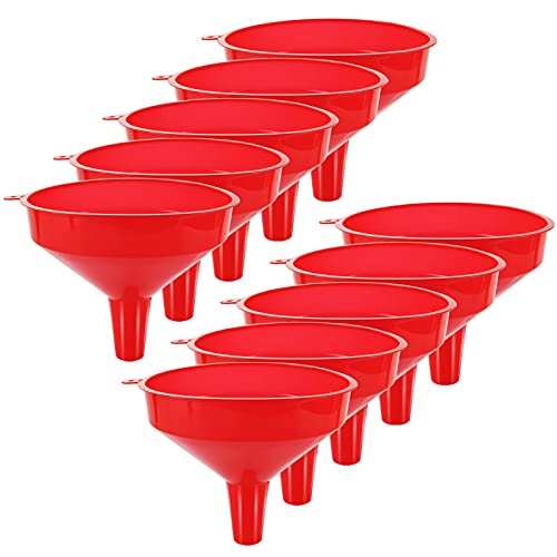 10 Pcs Red Plastic Funnel Set, 6.3 in Wide Mouth Fuel Funnels