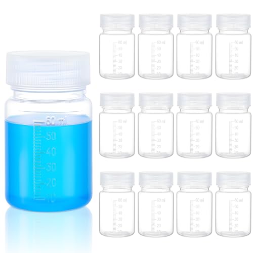 Tatuo 12 Pcs 2oz 60 ml Plastic Sample Bottles with Screw Cap, Liquid Containers with Lid for Lab Reagent Sample Medicine Pill Water Storage, Travel Bottles(Clear,Wide Mouth-White Scale) - color: Clear, size: 2 oz 60 ml, style: Wide Mouth-white Scale