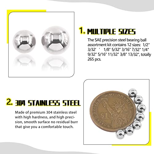 265 Pcs 12 Sizes Precision Bearing Steel Ball Assortment Kit with Storage Box 1/2'' 3/32’’ 1/8" 5/32" 3/16" 7/32" 1/4" 9/32" 5/16" 11/32" 3/8" 13/32"