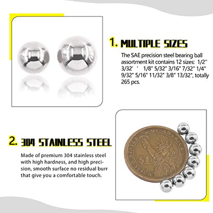 265 Pcs 12 Sizes Precision Bearing Steel Ball Assortment Kit with Storage Box 1/2'' 3/32’’ 1/8" 5/32" 3/16" 7/32" 1/4" 9/32" 5/16" 11/32" 3/8" 13/32"
