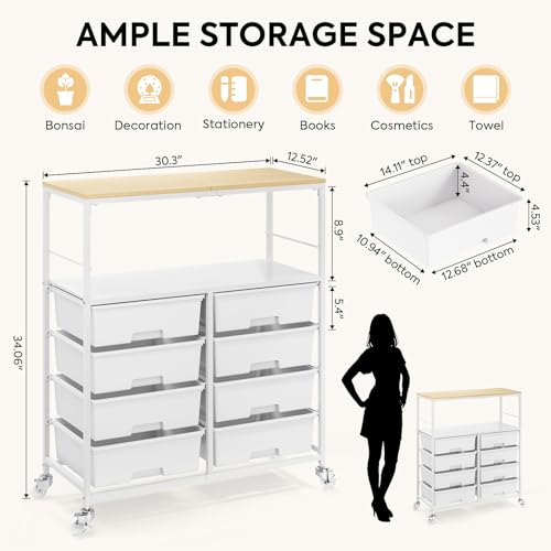 APEXCHASER Rolling Storage Cart with 8 Large Drawers, Wooden Tabletop - color: White