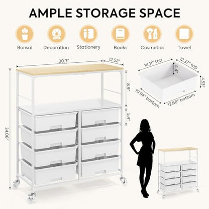 APEXCHASER Rolling Storage Cart with 8 Large Drawers, Wooden Tabletop - color: White