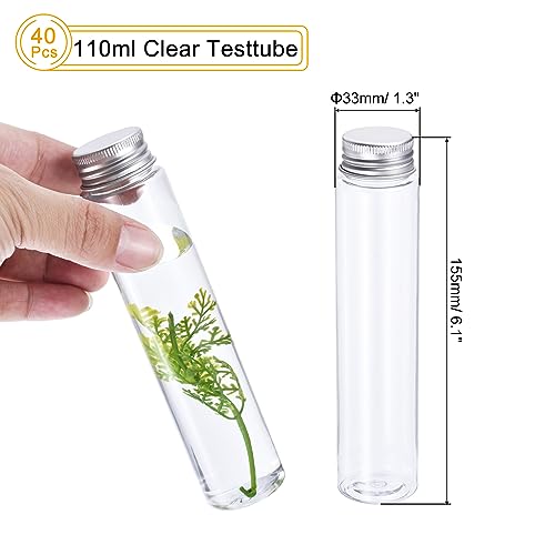 PATIKIL 40Pcs 110ml Plastic Test Tubes with Screw Caps, 155x33mm Tubes Aluminum Lid, for Scientific Experiments Party Decoration Candy Bead Storage Bath Salt