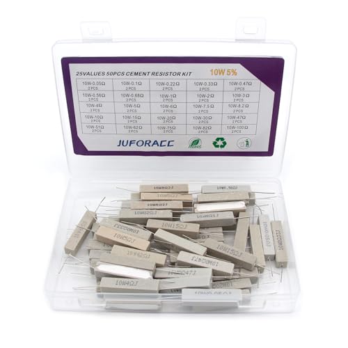 50PCS Ceramic Cement Resistor Kit 10W 25 Values 0.05 Ohm to 100 Ohm Ω ±5% Tolerance Wirewound Induction