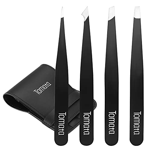 Tomata Tweezers for Eyebrows, 4-piece Slant Tip and Pointed Eyebrow Tweezer Set Great Precision for Eyebrows Facial Hair, Ingrown Hair, Splinter, Blackhead and Tick Remover (Black) - color: Black