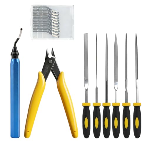 3D Print Deburring Tool Set with 10pc Multipurpose Blades Removing Burr 6Pcs Needle File 1pc Micro Wire Cutter Pliers for 3D Printed Edges, for Finishing, Deburring, Cleaning
