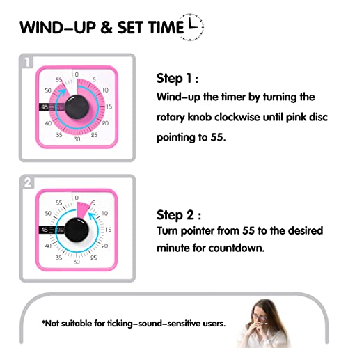 TWENTY5 SEVEN 7.5-Inch Visual Timer, Battery-Free 60-Minute Countdown Clock - color: Pink