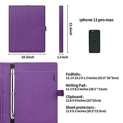 Wonderpool A4 PU Leather Portfolio Holder Ring File Document Case with Removable Binder Clipboard, Multi Pocket and Legal Pad for Business Organizer Interview and Meeting (Purple) - color: Purple