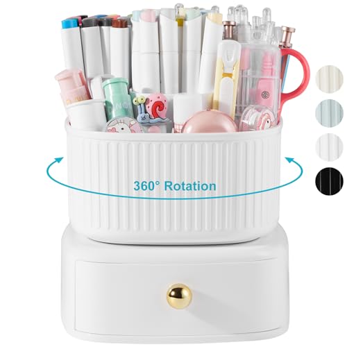 Pencil Pen Holder with Drawer, 5 Slots 360 Degree Rotating Pen Organizer For Desk, Desktop School Supplies Desk Accessories for Office School Home Art Supply White - color: With Drawer White
