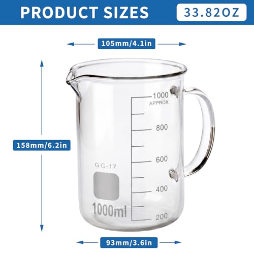 1000ml Borosilicate Glass Measuring Beaker, Handle Mug with Pouring Spout - size: 1000ml