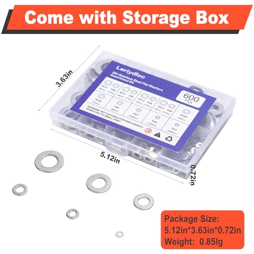 600 PCS Metric Flat Washers, 304 Stainless Steel Washer Assortment Kit, M3 M4 M5 M6 M8 M10 M12, Stainless Steel Washers for Screws and Bolts, Hardware Assortment for DIY & Repair