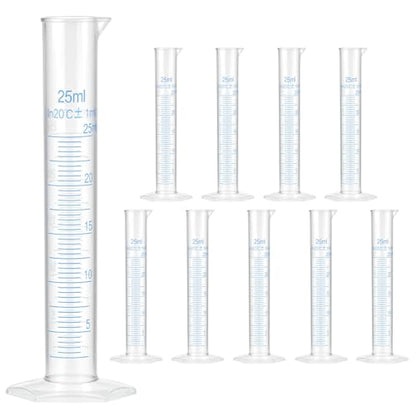 QWORK 25 ml Plastic Measuring Cylinders, 10 Pieces Lab-Tested Graduated Cylinders with Hexagonal Base