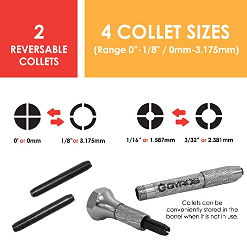 GYROS Swivel Head Pin Vise Hand Drill, 0"(0mm) to 1/8"(3.175mm) w/Anti-Slip Nickel Plated Steel Body & 2 Reversible Collets, Small Hand Drill for Precision Drilling of Jewelry, Plastic, & Wood