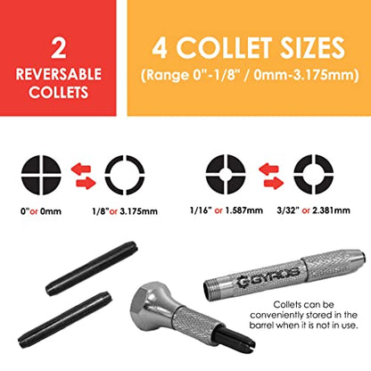 GYROS Swivel Head Pin Vise Hand Drill, 0"(0mm) to 1/8"(3.175mm) w/Anti-Slip Nickel Plated Steel Body & 2 Reversible Collets, Small Hand Drill for Precision Drilling of Jewelry, Plastic, & Wood