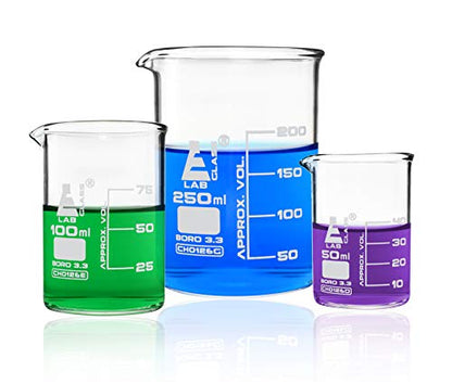 Eisco - 3 Piece Glass Beaker Set 50mL 100mL 250mL Low Form Borosilicate Glass with Graduations for Laboratory and Classroom Use