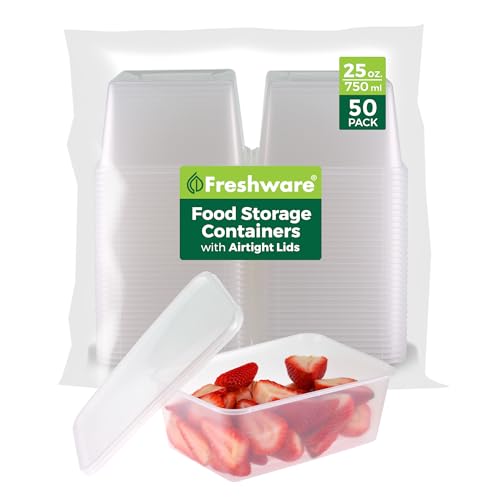Freshware Food Storage Containers [50 Set] 25 oz Plastic Deli Containers with Lids, Slime, Soup, Meal Prep Containers, BPA Free, Stackable, Leakproof, Microwave, Dishwasher and Freezer Safe - size: 25 oz, 50-Set