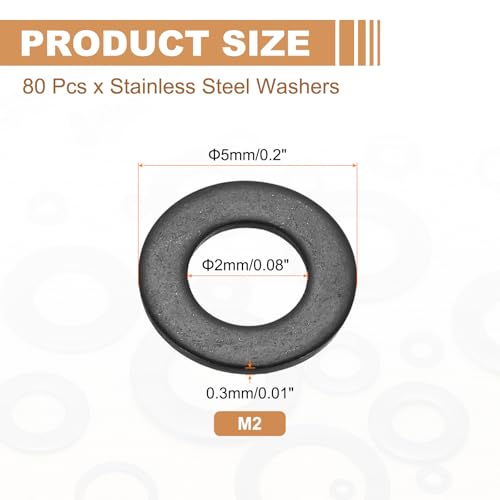 PATIKIL 80pcs M2 Stainless Steel Washers M2x5x0.3mm Flat Washers Metal - size: M2x5x0.3