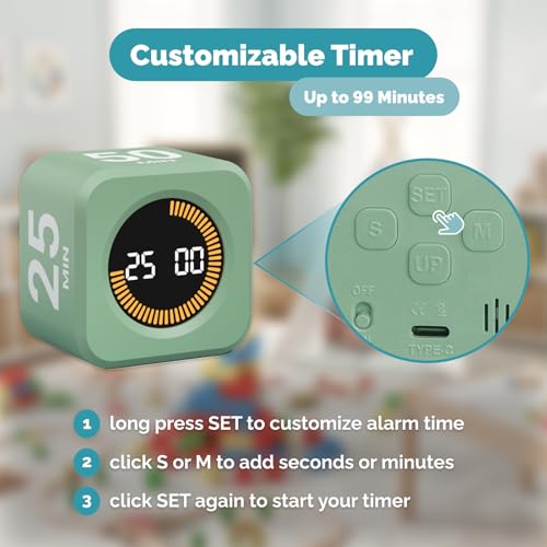 KADAMS Pomodoro Timer – Visual Timer Cube, LED Countdown Ring & Count Up Mode, Silent Flip Productivity Timer for Study, Classroom, Office, Cooking (Green 5-10-25-50 min) - color: Green 5-10-25-50 Min
