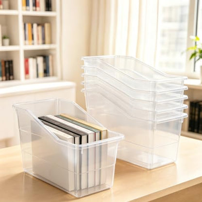 12 Pack Book Bins for Classroom Stackable Plastic Storage with Labels - color: transparent