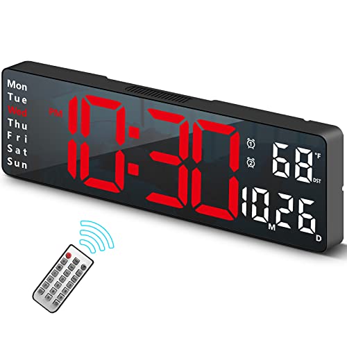 Digital Clock, Digital Wall Clock for Living Room Decor, Desk Alarm Clock for Bedroom, Large Wall Clock with Remote Control, Automatic Brightness Dimmer LED Clock with Date Temperature Week (Red-B) - color: Black Case+red Digit