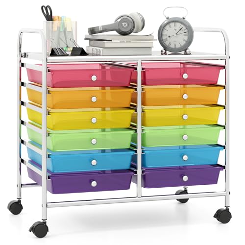 Giantex 12 Drawers Rolling Cart, Mobile Storage Drawer Cart, Classroom Organizer Cart for Office School Supplies Tools Scrapbook Paper Craft Small Printer, Utility Cart on Wheels, Rainbow - color: Rainbow, size: 12 Drawer-25”x15”x24.5”