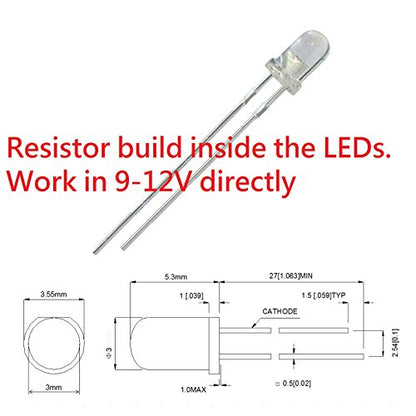 50pcs 12V 3mm red LED Built-in Resistor 9V Gauge Cluster Instrument Light Emitting diodes - color: Red, size: 50 Count (Pack of 1), style: 3 mm
