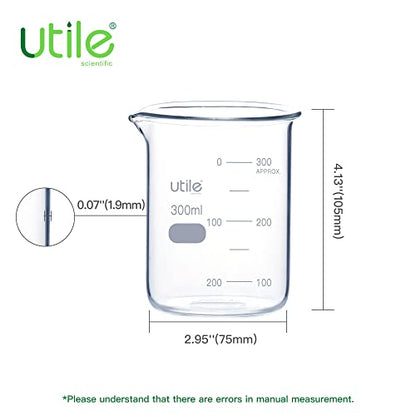 Utile 300ml Low Form Glass Beakers, 10 Pcs Borosilicate 3.3 Glass with Printed Graduation, 4000.0300.10 - style: 300 ml (10pcs)
