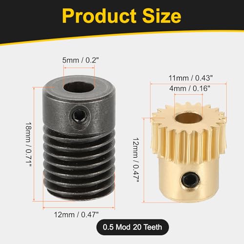 uxcell Worm Gear Set 20T 0.5 Module 20:1 Reduction Rate, Right Rotation Drive Gear Box Wheel Reduce Transmission Part (Brass Gear-4mm Bore, #45 Steel Rod 5mm Bore) - size: Gear-4mm, Rod-5mm Bore, style: 0.5M-20T