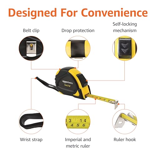 Amazon Basics Self-Locking Tape Measure with Belt Clip, 16-Feet (5-Meters), Inch/Metric Scale, MID Accuracy, Black, Yellow - color: Black, Yellow, size: 4.9 m