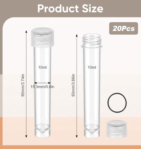 20Pcs 10ml Plastic Vials with Caps, PP Test Tubes with Caps for Lab
