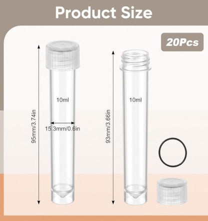 20Pcs 10ml Plastic Vials with Caps, PP Test Tubes with Caps for Lab