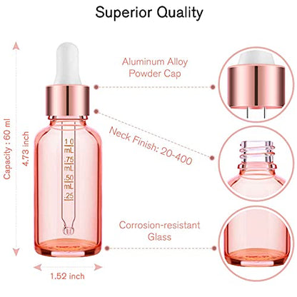 PrettyCare Glass Eye Dropper Bottles 2oz (60ml), 63 Pack Empty Thick Rose Glass Bottles Bulk with Leakproof Caps - With Labels & Funnels for for Storage, Travel,Essential Oils, DIY Serums, Tincture - color: 2oz Rose, style: 63 Pack