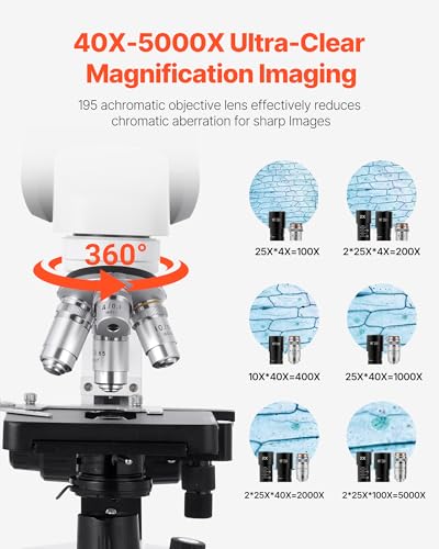 VEVOR Binocular Microscope, 40-5000X Magnification, Professional Compound Microscope for Adult with Dual Stage and Two Sets of Eyepieces, Aluminum Alloy Body, Includes LED Light and Phone Holder - size: 40-5000X