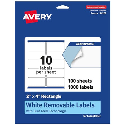 Avery Matte White Removable Rectangle Labels, Sure Feed Technology, 2" x 4", 1,000 Removable Labels, Laser/Inkjet Printable - style: 1,000 labels