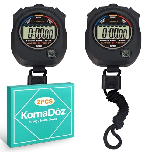 2 Pack Digital Stopwatch Timer: Large Display, 1/100 Sec Accuracy, Time/Date/Alarm - Handheld Stop Watch for Sports, Coaches, Kids, Referees, Training, Cronometro Digital, Includes Lanyard