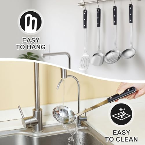 Pleafind 4-Pcs Cooking Utensils Set, Stainless Steel Kitchen Utensils, Mirror Polished Kitchen Essentials Set Include Wok Ladle, Slotted Spoon, Wok Spatula ＆Slotted Spatula, Dishwasher Safe - color: Brown