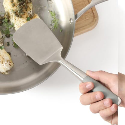 Calphalon Edge Solid Turner, Cooking Spatula, Kitchen Spatula, Stainless Steel Turner with Silicone Heat Resistance Handle, Nonstick-Safe Spatula with Ergonomic Handle (Taupe) - color: Taupe I, size: Turner