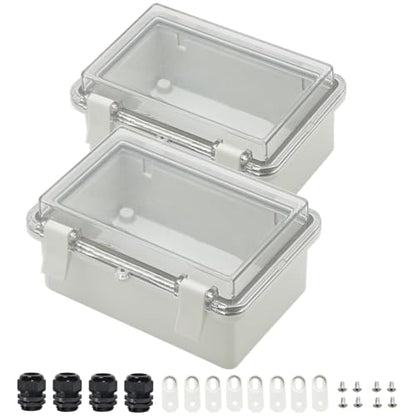 Zulkit 2pcs Junction Box ABS Plastic Dustproof Waterproof IP65 Electrical Boxes Hinged Shell Outdoor Universal Project Enclosure Clear Cover with 2 Cable Glands 5.9 x 3.9 x 2.8 inch (150x100x70 mm) - size: 5.9" x 3.9" x 2.8"(2pcs)